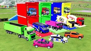 TRANSPORTING COLORFUL CONTAINER, MIXER TRUCK, KARA TRUCK, MERCY POLICE CARS, AMBULACE, FS22