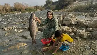 🐟The trick to cooking delicious fish by the river with my son/ترفندپختن ماهی