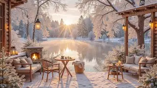 Cozy Winter Sunrise Ambience ❄️🔥 Fireplace by the Lake, Soft Snow & Morning Light