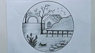 Easy Village Scenery Drawing | Pencil Sketch Step by Step | Sunset River Landscape Art