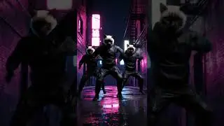 A group of cats in tactical techwear hoodies and cargo pants standing on their hind legs.