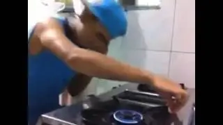 funny awesome DJ-ing on gas stove