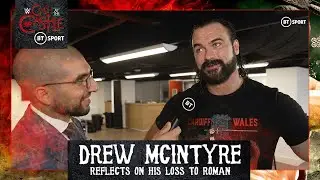 Drew McIntyre reacts to a loss in Cardiff after pushing Roman Reigns to the limit