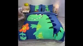 4 PCS Duvet Cover Bedding Sets Blue and Yellow Cartoon Dinosaur Boys Bedding Sets
