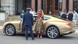 Billionaire BLONDE LADY Arriving with her Golden BENTLEY CONTINENTAL GT at Hotel de Paris!!