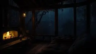 Rain Falling All Night in a Cabin with Fireplace Ambience for Stress Relief & Sleeping