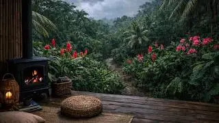 Heavy Rain, Thunder & Fireplace Sounds - Tropical Rainforest