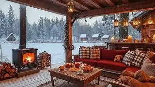 Cozy Winter Porch Jazz ❄️ Fireplace Ambience & Smooth Jazz Music for Snowy Relaxing Evenings