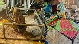How to Make Traditional Charpai Bed out of Iron Pipes Rop Weaving to Bed Complete Factory Process 