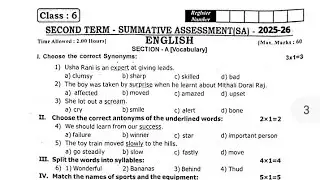 6th English Second term test Half yearly Exam  December-2025 original Question paper 6th English