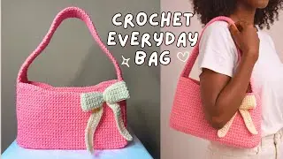 crochet shoulder bag tutorial, crochet structured bag, crochet tote bag with bow, beginner friendly