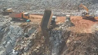Incredible teamwork excavator loading dump truck, unloading down the hill - Heavy Equipment skills