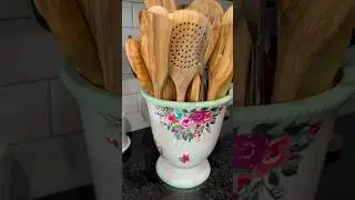 Urn planter #repurposed to a wooden spoon holder #kitchen #reuse #woodenspoon #pink #green #kitchen