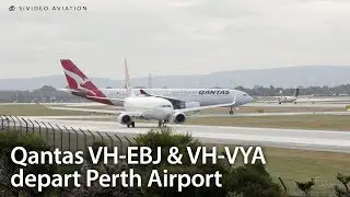 Qantas Airways (VH-EBJ) and (VH-VYA) depart a wet Perth Airport on RW03.