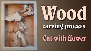 Wood carving - Cat with flower