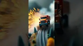A miniature toy truck speeding along a detailed model road setup with tiny trees and bridges.