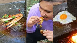 Outdoor Stone Cooking - Grilling Simple Food On Stone Eating Delicious in Forest