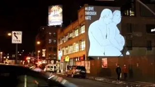 Satirical Cartoon of Trump and Putin Projected on New York Building