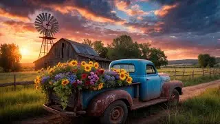 Autumn Farm Ambience 🌾 Vintage Truck, Windmill & Fireflies at Sunset | Relaxing Nature Sounds in 4K