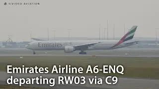 Emirates Airline (A6-ENQ) departing a smoky RW03 via Charlie 9 at Perth Airport.