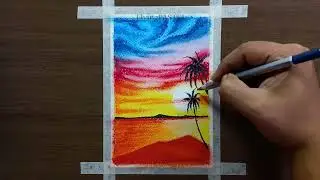 easy and simple OIL PASTEL PALM TREE SCENERY DRAWING tutorial for beginners step by step