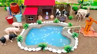 DIY making mini Farm Diorama with Cow Shed - Mini Hand Pumb Supply Water Pool for Animal