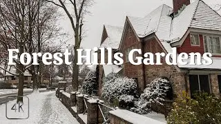 Winter Wonderland: A Breathtaking Snowy Stroll in Forest Hills Gardens, New York. 4K