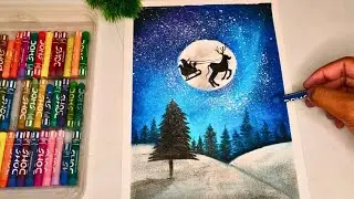 Magical Christmas Night Scenery Drawing 🎅❄️ | Easy Oil Pastel Art