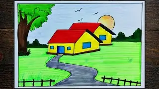 How to Draw a Beautiful Village Landscape | Easy Sunset Nature Drawing Step by Step With Color