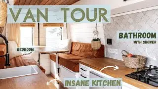 VAN TOUR - Young couple build ULTIMATE VAN:  Full Bathroom, XXL Kitchen, King size bed!