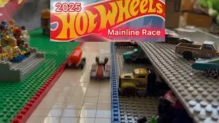 Racing 2025 Hot Wheels on a custom LEGO track.