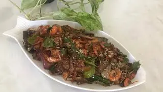 Fried brinjal prawns deviled | taste of South Asia
