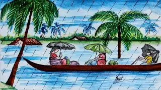 Monsoon Flood Village Drawing | People in Boat | Rural Disaster Art