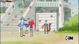 Mordecai and Rigby throw pizza Pocket on the house