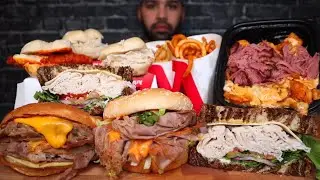 ARBY'S MUKBANG SPICY ROAST BEEF, TURKEY SWISS, MONTREAL SMOKED MEAT POUTINE, BUFFALO CHICKEN, FRIES