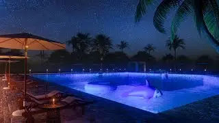 Night Pool Ambience | Relaxing Water ASMR | Crickets Sounds for Sleep