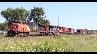 Massive train - 4 CN engines pull manifest freight train Princeton Ontario