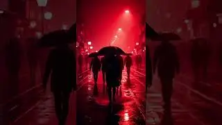 Crimson Rain Parade: Figures in a Red Haze