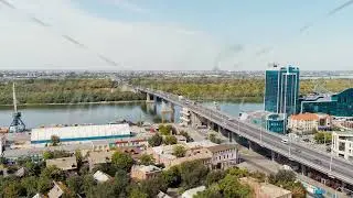 Astrakhan, Russia. Bridge across the Volga river. New bridge, Aerial View, Departure of the camera