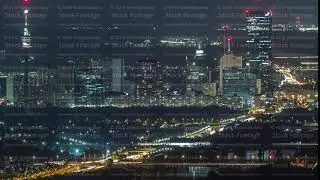 Skyline of Vienna from Danube Viewpoint Leopoldsberg aerial night timelapse.