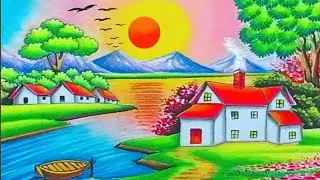 Peaceful calm nature scenery drawing with oil pastels step by step for beginners