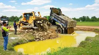 START PROJECT LANDFILL BY MEGA Dozer Driver 25T TRUCKS Unloading Soil &Dozer Pushing clear