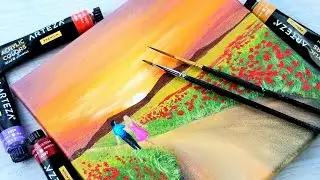 Acrylic painting for beginners | A path through Poppy filed |  Art challenge # 87