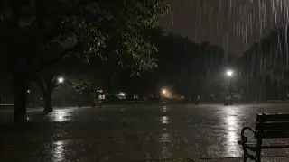 Heavy Rain in Empty Night Park  Street Lamp & Bench ASMR for Deep Sleep