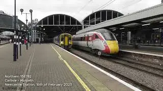 Northern Class 158 chased by LNER Class 801 Azuma out of Newcastle: 16/02/23