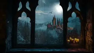 Rainy Fantasy Castle Window at Night, Soothing Ambience Sounds for Deep Sleep and Relaxation