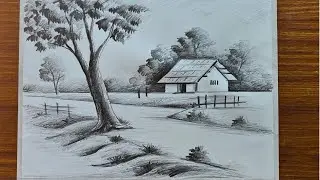 how to draw easy pencil sketch scenery,landscape pahar and river side scenery drawing,