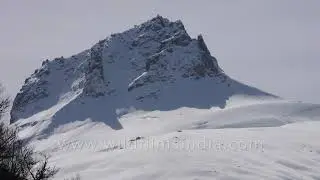 Kalanag and White Peak Banderpunch range visible clearly from above Dharali, deep winter snow pack