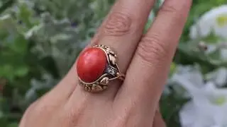 1930s German Arts and Crafts Ring Mediterranean Red Coral 14k Gold Rose Cut Diamonds