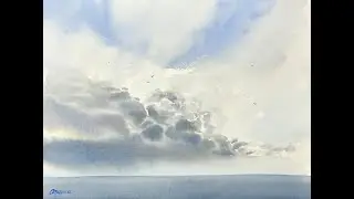 Cloudy sky. Watercolor painting process video. Real speed, paint along!